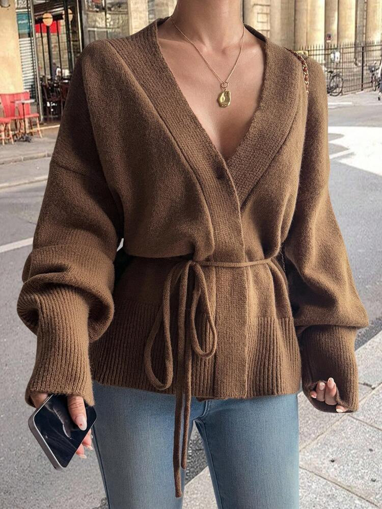 Livesso Women's Solid Color Drop Shoulder Criss-Cross Tie Front Loose Knit Cardigan Fall/Winter | SHEIN