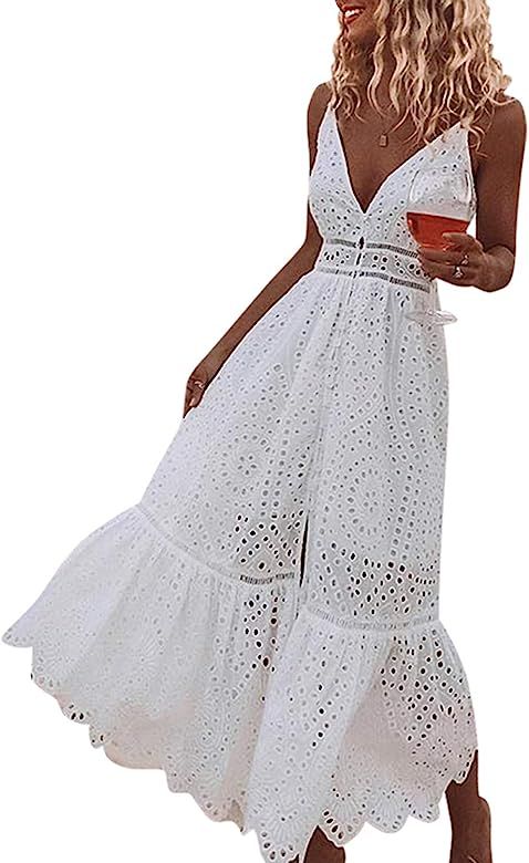 Amazon.com: BerryGo Women's Embroidery Pearl Button Down Dress V Neck Spaghetti Strap Maxi Dress ... | Amazon (US)