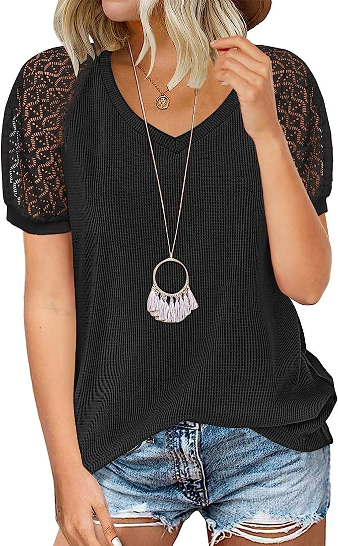MIHOLL Women's Lace Short Sleeve V Neck Shirts Loose Casual Tops Tee Shirt | Amazon (US)