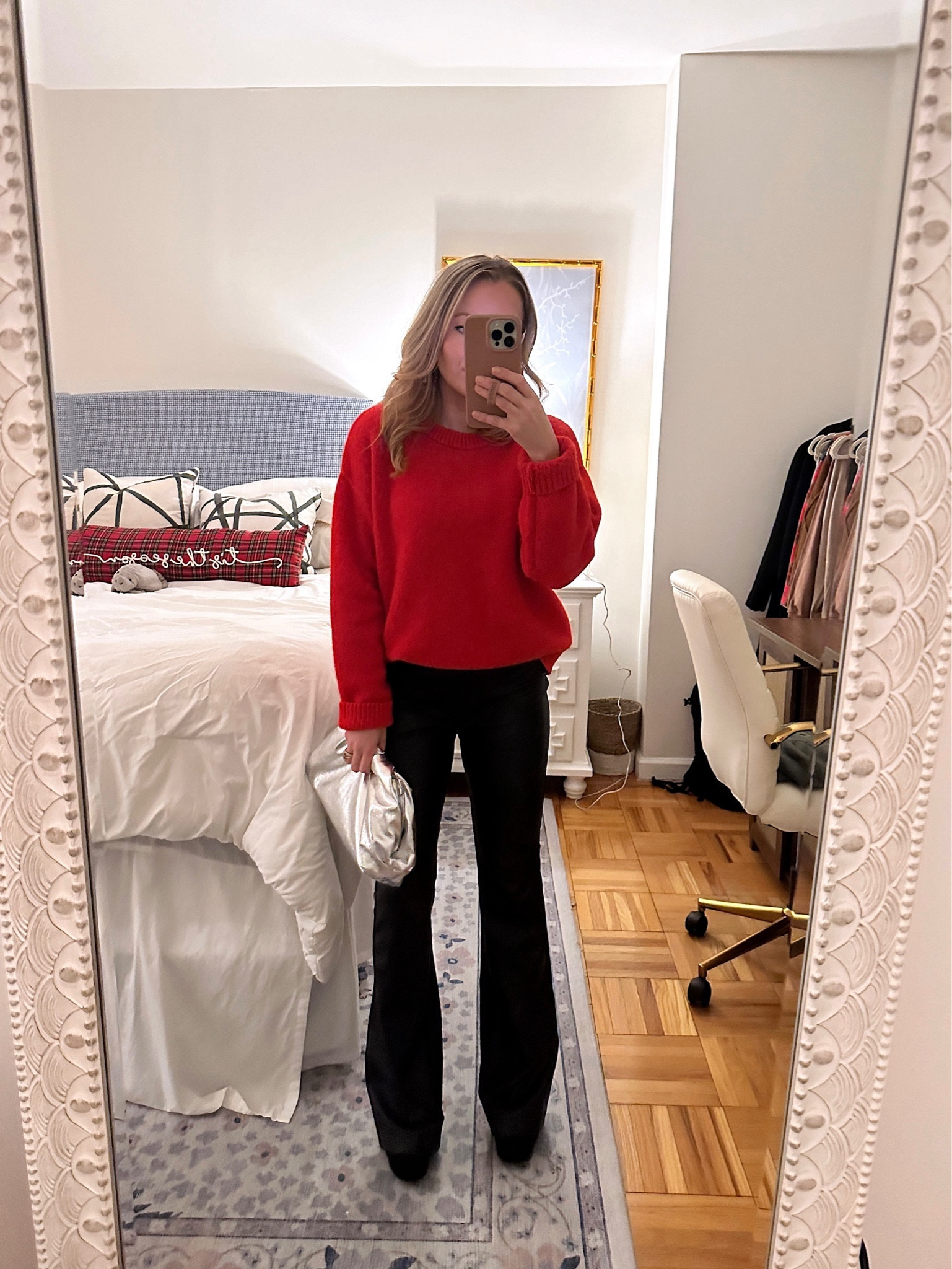 Festive but cozy holiday party look! The sweater is Sezane ❤️ #holidayparty #fauxleatherpants #silverclutch 

#LTKHoliday #LTKparties #LTKitbag