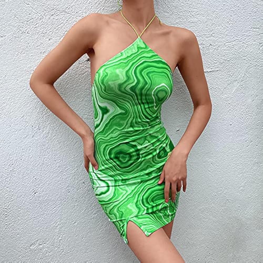 Tie-Dyed Straps Halter Dresses for Women Backless Bodycon Mini Skirts Vintage Y2K Fashion Clubwear S | Amazon (US)