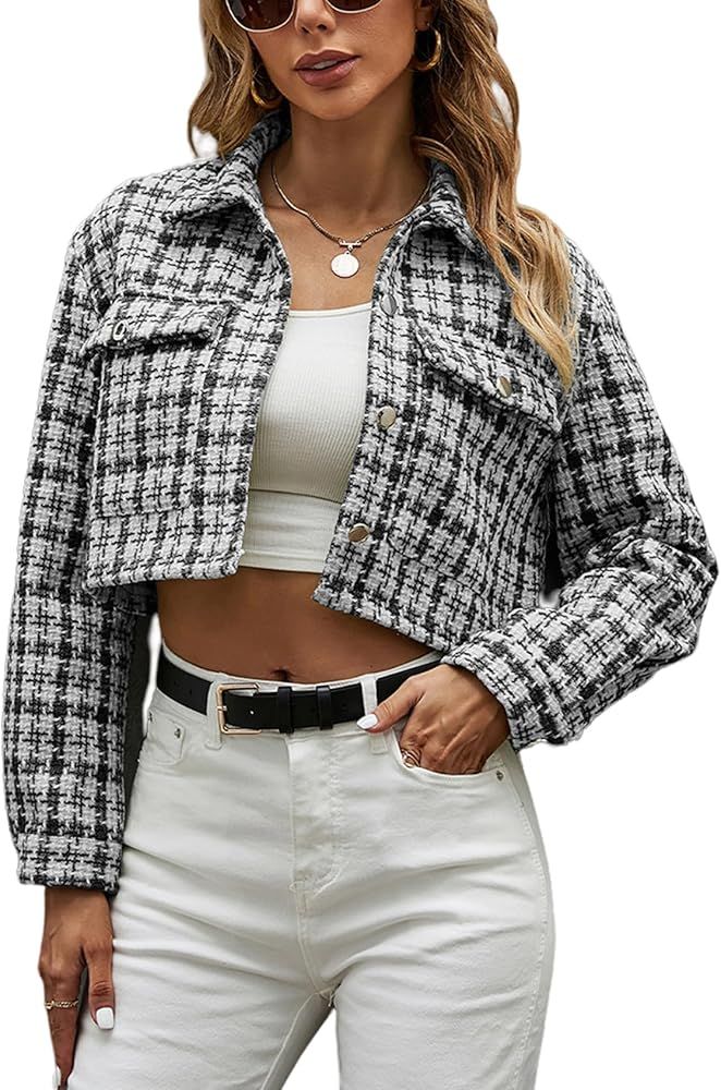 Women's Casual Loose Single Breasted Houndstooth Tweed Cropped Blazer Work Jacket | Amazon (US)