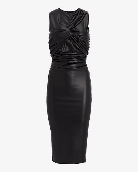 Body Contour Faux Leather Twist Front Midi Dress With Built-In Shapewear | Express