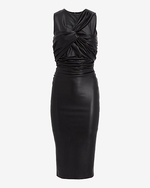 Body Contour Faux Leather Twist Front Midi Dress With Built-In Shapewear | Express