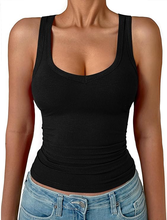 Womens Sleeveless Tank Top Form Fitting Spaghetti Strap V Neck Ribbed Knit Basic Cami Layering Sh... | Amazon (US)