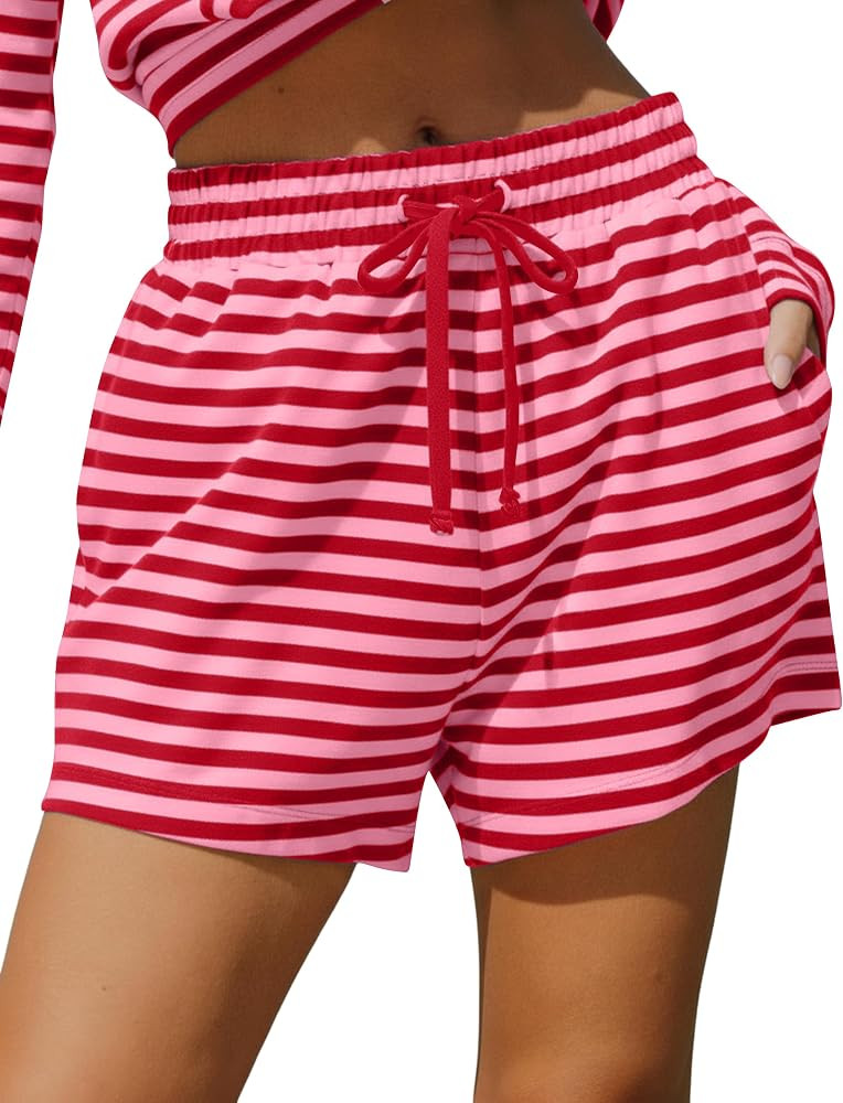 HOCANDY Womens Striped Shorts Drawstring Elastic High Waist SweatShorts Baggy Lounge Workout Shor... | Amazon (US)