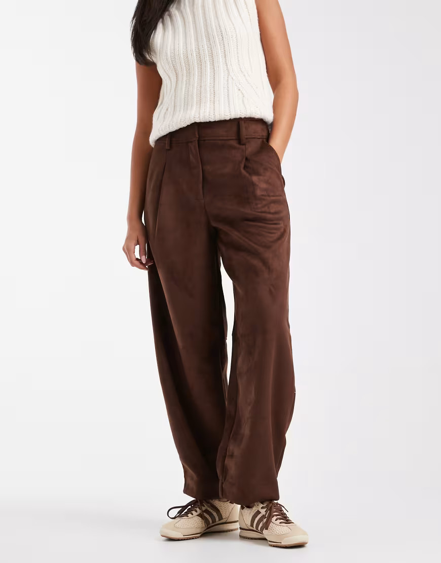 ASOS DESIGN suedette barrel leg pants in dark brown | ASOS (Global)