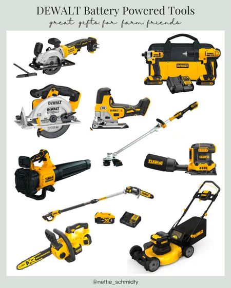 Dewalt battery powered tools make great gifts for your farm friends or handy man. Gifts for him. 

Battery powered lawn tools and hand tools are THE BEST, no messing with extension cords. 

We personally have the cordless drill, hammer drill, (by far our most used) large and small circular saw, power sander, handheld leaf blower, chainsaw, pole saw, and several 20-volt batteries and 60-volt batteries. The edger/weed eater is next on my list! all from Home Depot. Mr fix it gifts, garage tools

#LTKhome #LTKmens #LTKGiftGuide