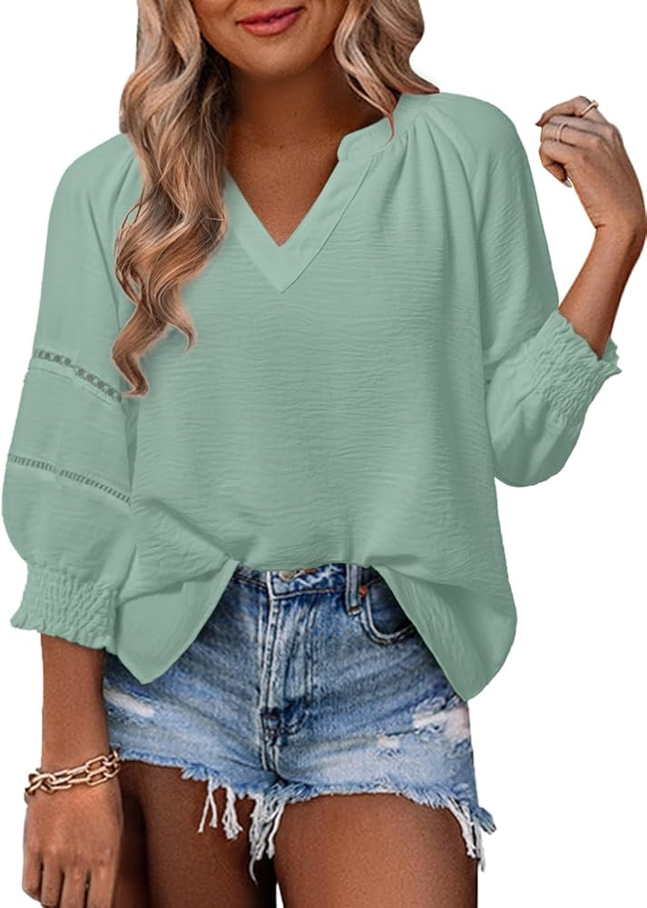 Dokotoo Womens Summer Tops 3/4 Lantern Sleeve Casual V-Neck T-Shirts Pleated Loose Tunic Hollow-O... | Amazon (US)