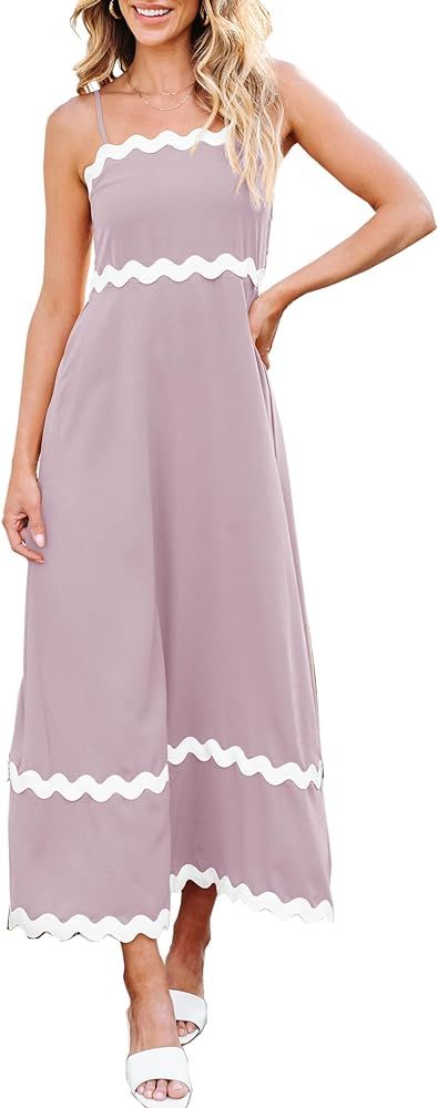 Angashion Women Summer Maxi Dress - Casual Spaghetti Strap Backless RIC Rac Fashion Flowy Long Beach Sundresses | Amazon (US)