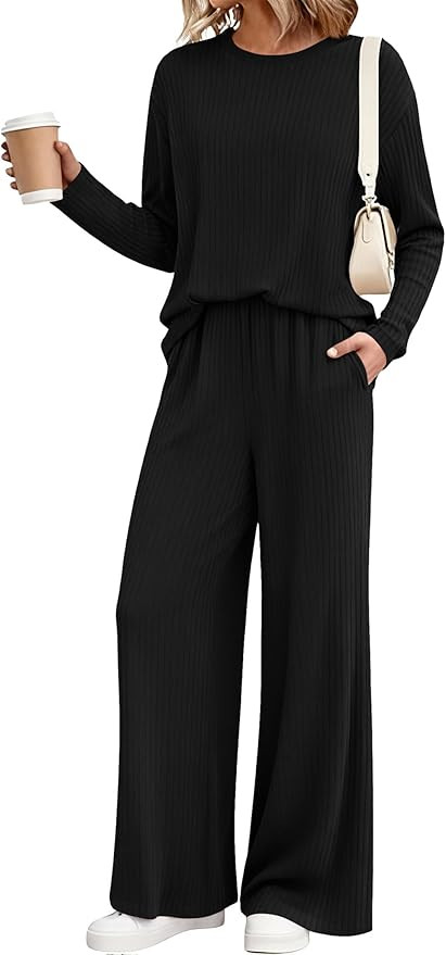 KIRUNDO Spring 2 Piece Lounge Sets for Women Long Sleeve Ribbed Knit Tops Wide Leg Pants Matching... | Amazon (US)