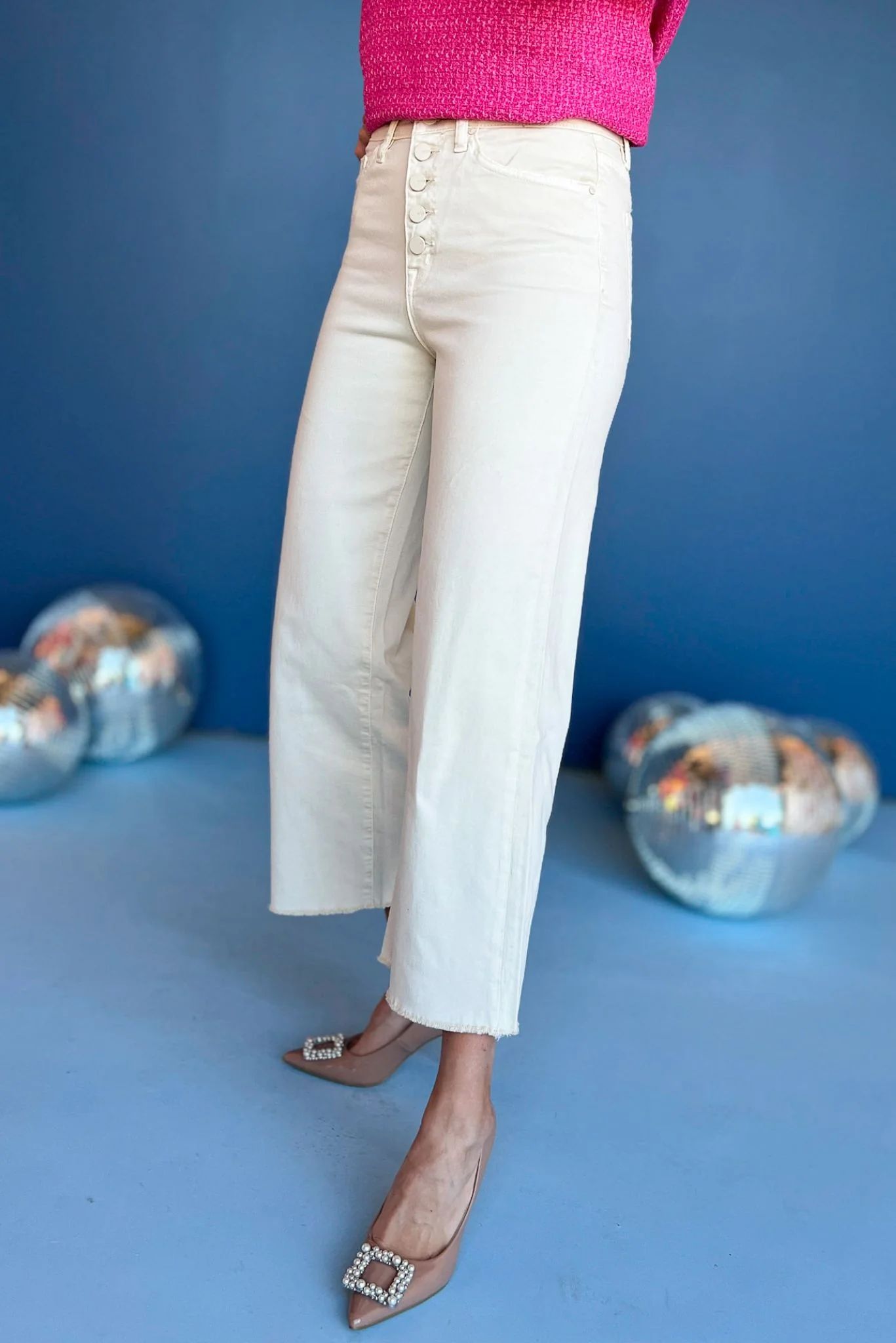Mica Off White Chromatic High Rise Button Front Crop Wide Leg Jeans | Shop Style Your Senses
