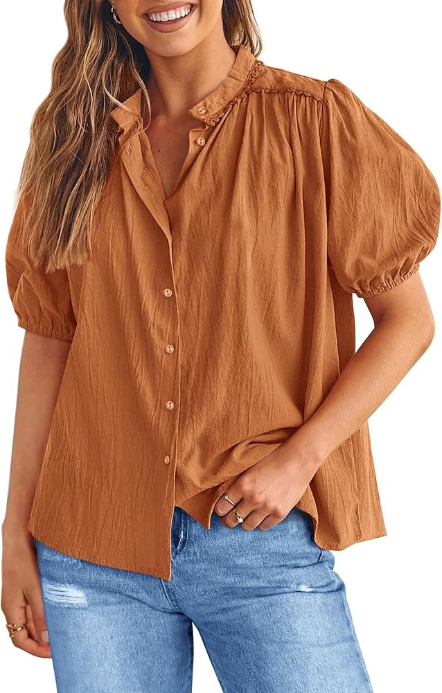 PRETTYGARDEN Women's 2026 Summer Button Down Shirts Short Lantern Sleeve V Neck Cotton Cute Tops ... | Amazon (US)