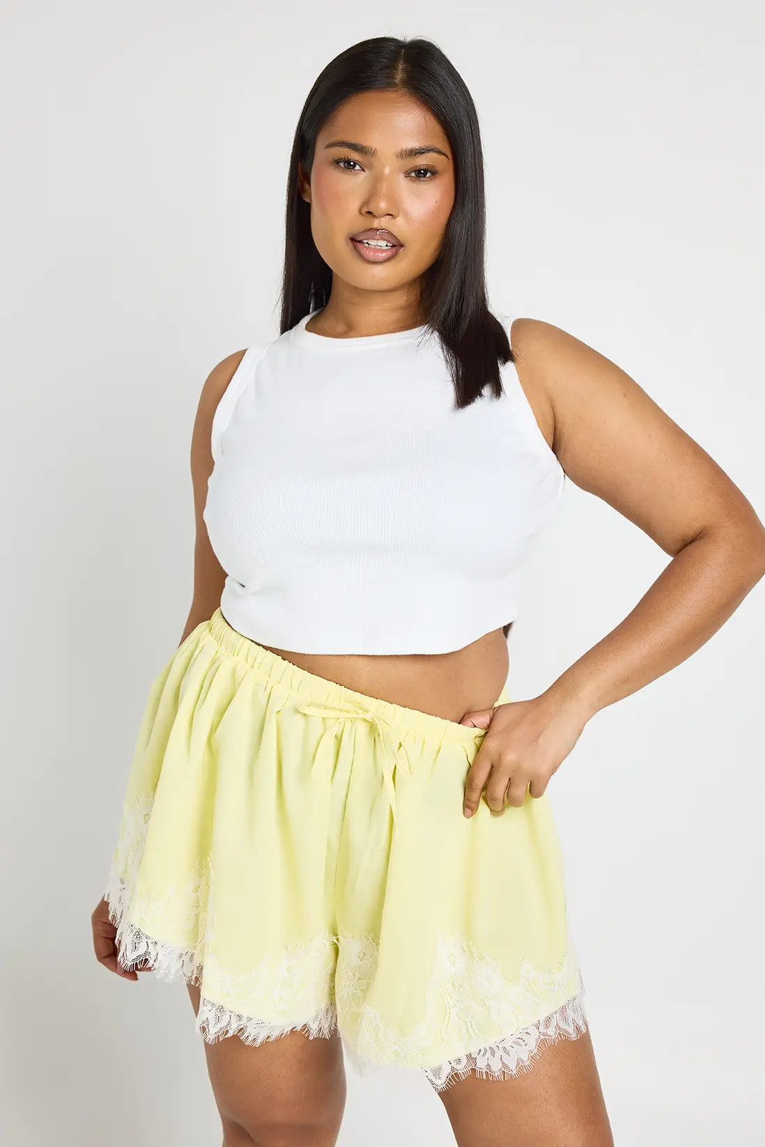 Lemon Plus Lace Trim Poplin Flippy Shorts | Boohoo | Boohoo.com (UK & IE)