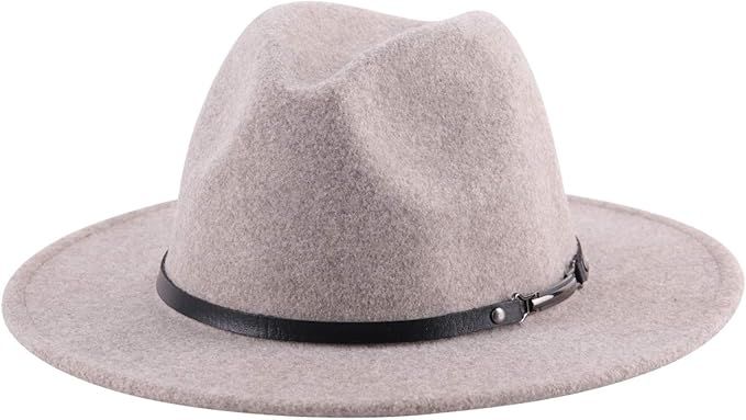 Lanzom Women Lady Classic Wool Fedora Hat Belt Buckle Wide Brim Panama Hat | Amazon (US)