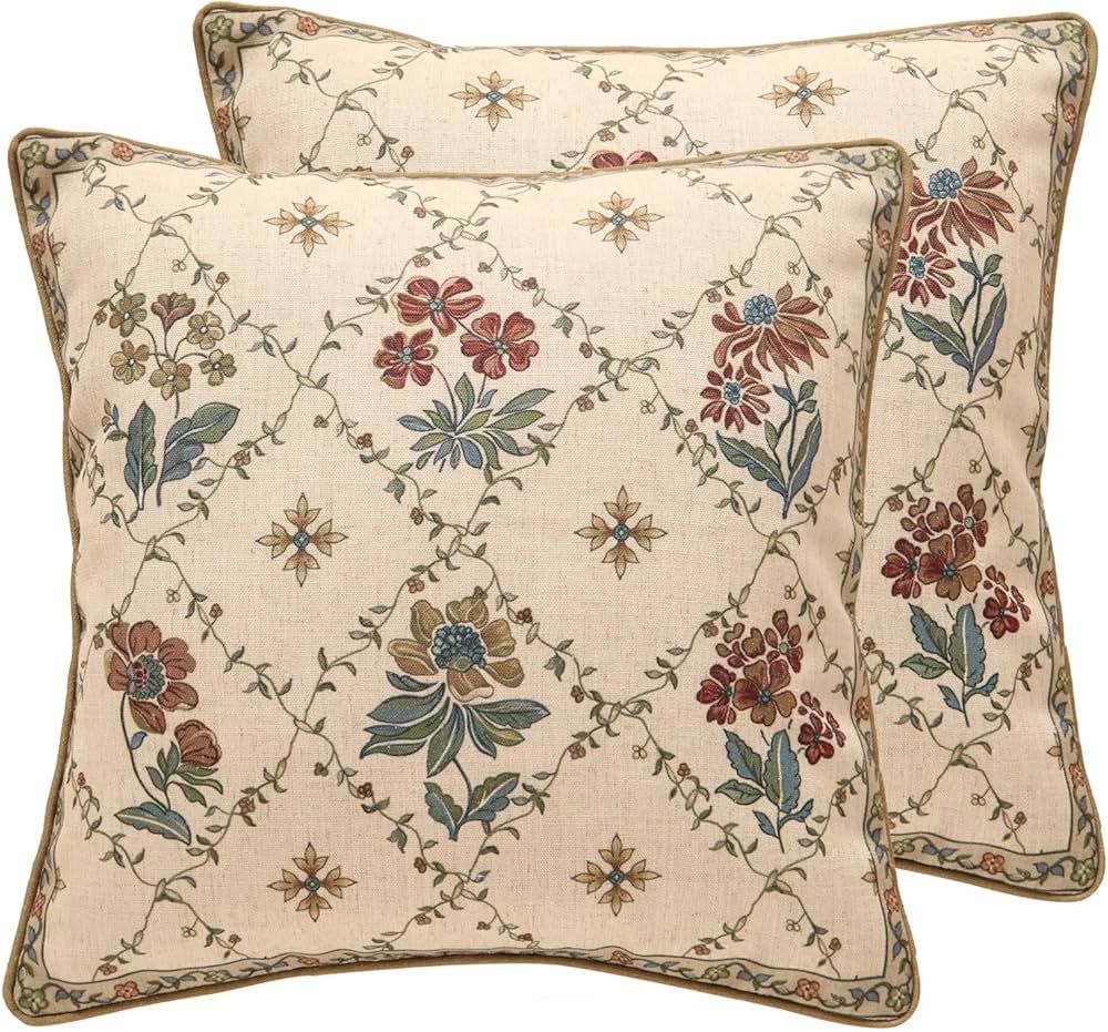 Designer Throw Pillow Covers Set of 2,Square Euro Retro Style Light Brown Linen with Floral Patte... | Amazon (US)