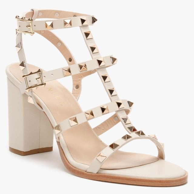 Pitter Beige Leather Studded Block Heel Sandals | Daniel Footwear (UK)