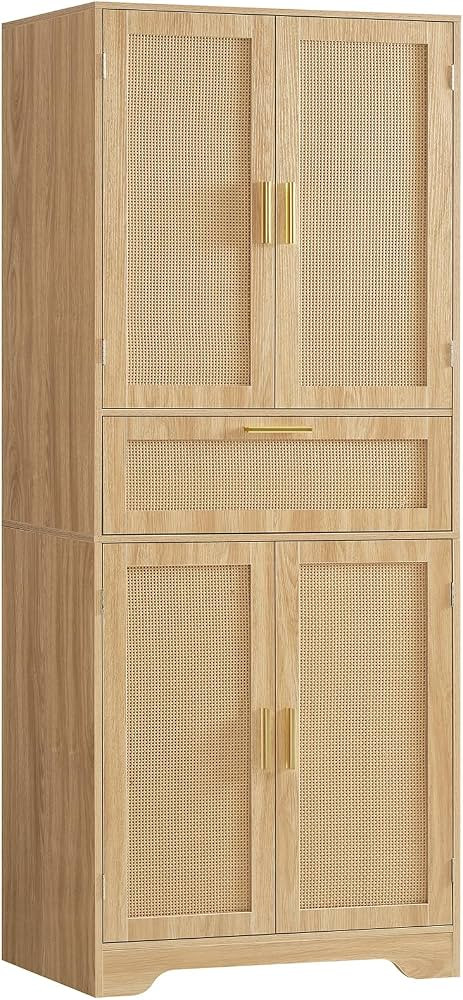 Iwell Tall Storage Cabinet with 2 Adjustable Shelves & Large Drawer, Rattan Cabinet with 4 Doors,... | Amazon (US)
