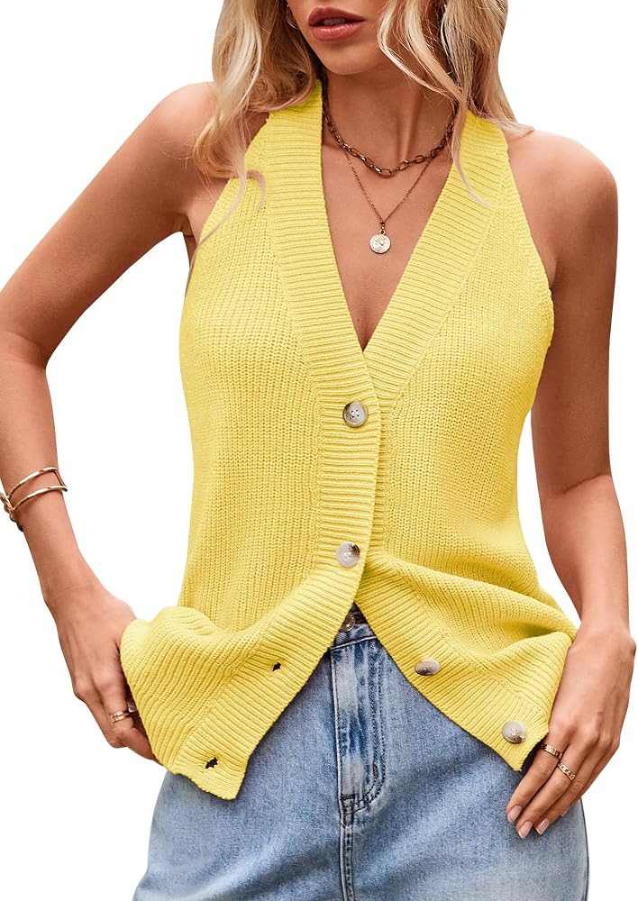 Women Sweater Vest Button Down V Neck Knit Tank Top Sleeveless Cardigans | Amazon (US)