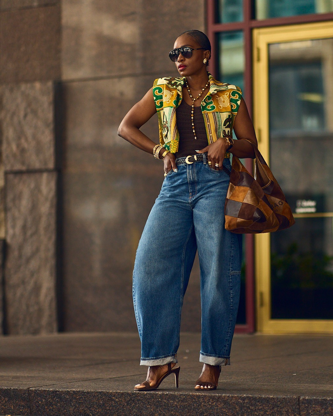 An edgy casual fit with barrel jeans and a cropped jacket. Sorry my exact vest is not available but the look will work just as well with a khaki green cropped jacket 🍐J.Crew jeans, Vince Camuto strappy sandals, Marc Jacobs hobo bags, suede bags, Fall 2026, denim style

#LTKSeasonal #LTKOver40 #LTKootd
