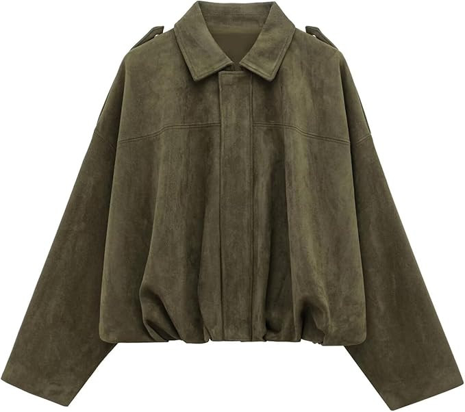 WOWULOVELY Women's Faux Suede Bomber Jacket Lapel Pilot Pocket Coat Casual Oversized Long Dolman ... | Amazon (US)