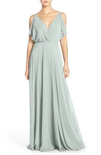 Women's Jenny Yoo Cassie Flutter Sleeve Chiffon A-Line Gown, Size 4 - Green | Nordstrom