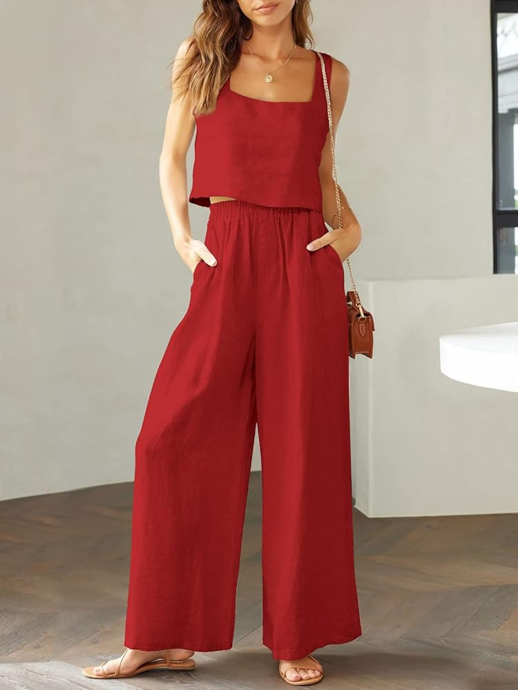 ANRABESS Women's 2 Piece Outfits Square Neck Linen Tank Crop Top Wide Leg Pants Matching Lounge Set  | Amazon (US)