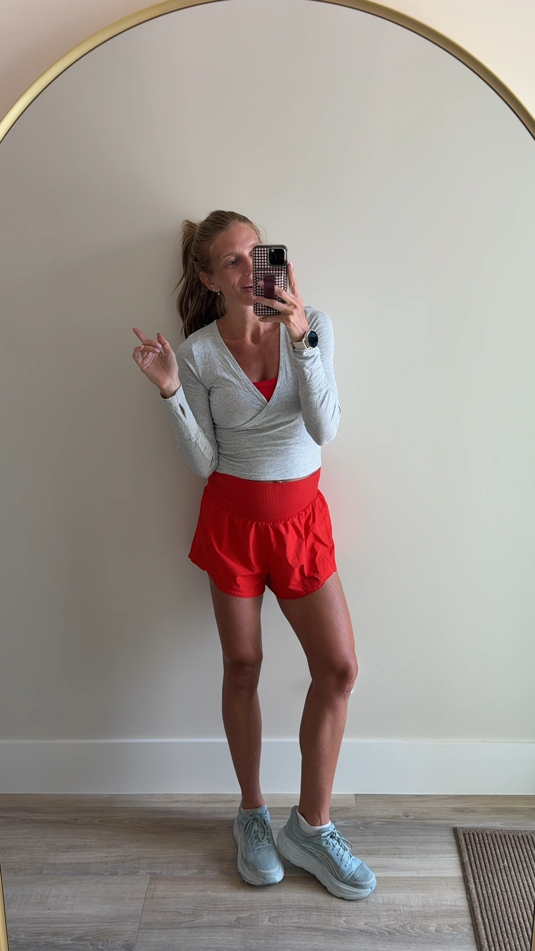 Running outfit to coffee shop run outfit. 
Size medium in top (runs tts) 
Top is @abercrombie  and old but linked similar from Abercrombie!

Shorts are bump friendly! So stretchy that i don’t need to size up because there is so much stretch 

FP movement, Hoka, YPB @Aerie 

#LTKBump #LTKfitnessgoals #LTKActive