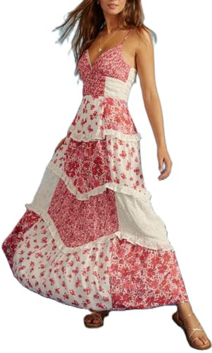 Boho Tie Shoulder Long Dress Y2k Floral Patchwork Smocked Maxi Dresses Flowy Summer Beach Sundress 2000s Bohemian Dress for Women | Amazon (US)