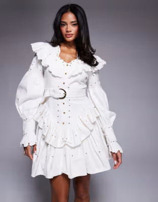 ASOS LUXE denim western studded mini dress in white | ASOS (Global)