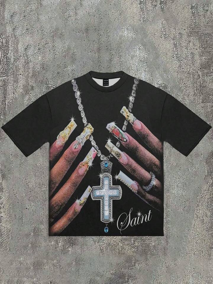 INAWLY Fashionable Cross-Shaped Hand Print T-Shirt, Suitable For Spring And Summer | SHEIN
