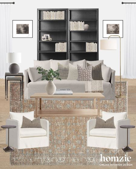 The perfect modern farmhouse style neutral living room! We love this beige sofa with the rusty brown rug. The pops of black in the bookshelves pull all of the earth tones together! 

#LTKunder100 #LTKhome #LTKFind