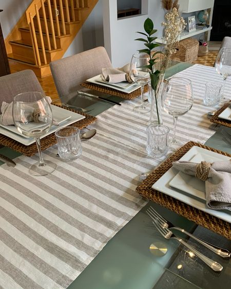 Another neutral everyday tablescape with wicker chargers, white dinnerware and striped table runner. The charger and dishes suggested are round ones since I can’t find these on the picture
For the napkins I have the 18’x 18’ 

#LTKstyletip #LTKfindsunder100 #LTKhome