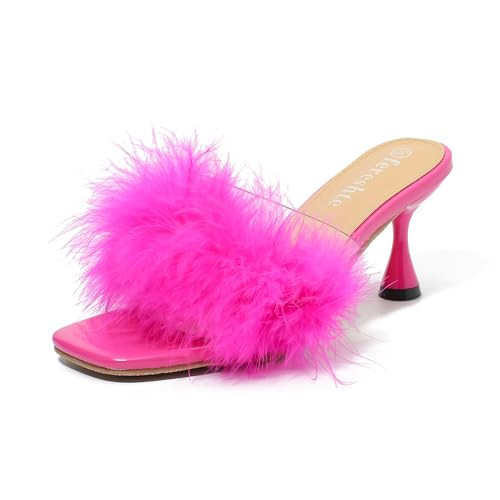 fereshte Women's Feather Heels Sandals Fluffy Fur Clear Strap Slip On Square Toe Kitten Mules Hot Pink 36 - insole length: 23cm/9.06 inch - US 5.5 | Amazon (US)