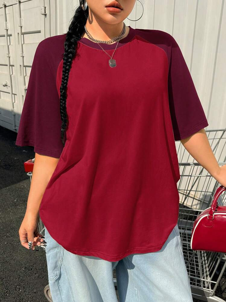 Muchica Plus Size Summer Basic Casual Raglan Sleeve Short Sleeve Loose T-Shirt Burgundy | SHEIN