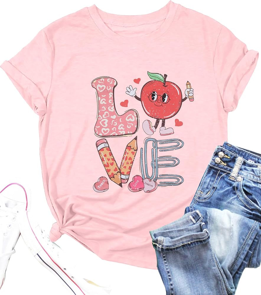 Valentine's Day Shirt Woman Love Valentine Teacher Shirts Love Heart Graphic Tshirt Casual Short ... | Amazon (US)
