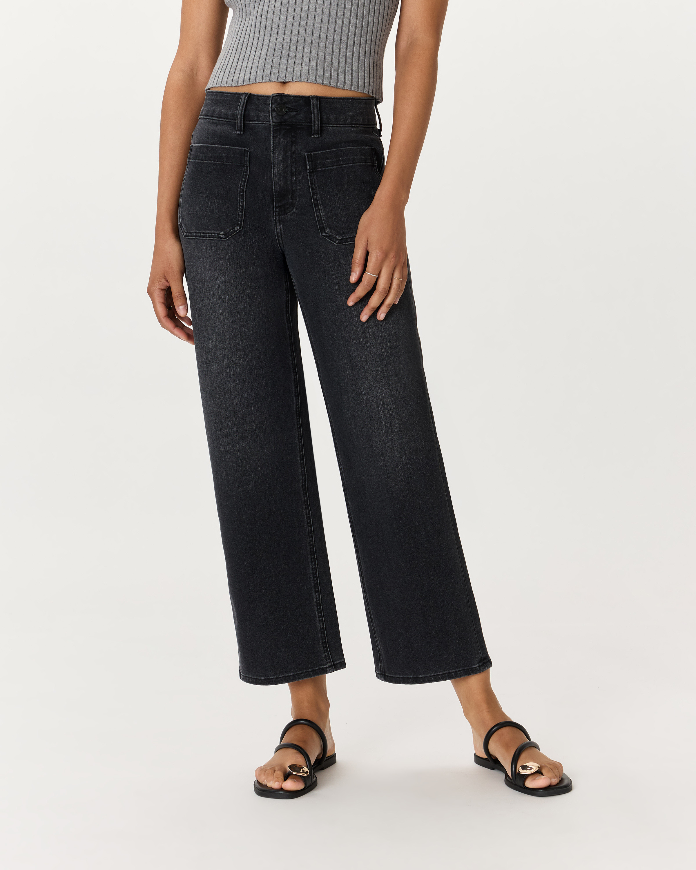 Bella Stretch Patch Pocket Wide Leg Jeans in Faded Black | Quince