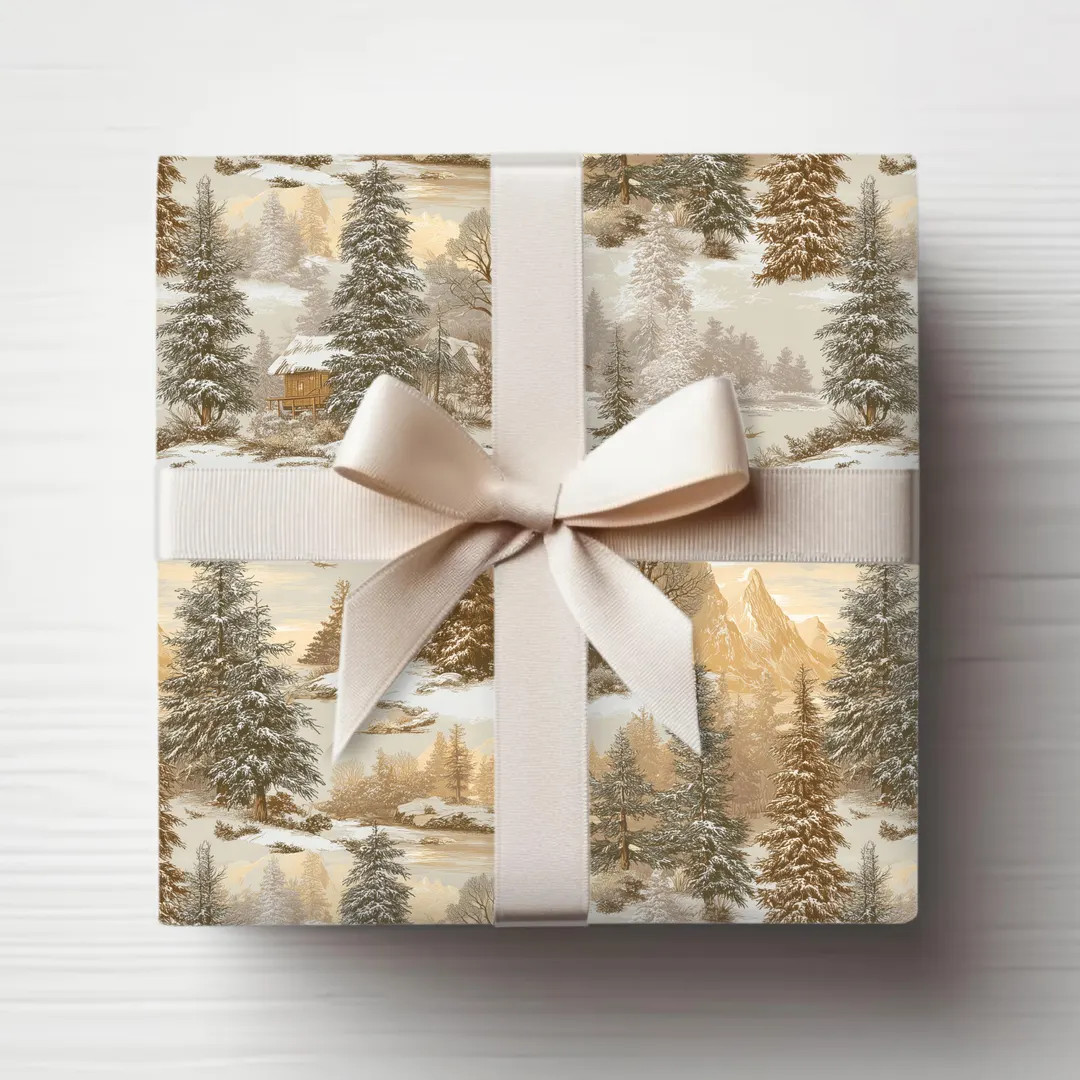 Vintage Winter Woodland Wrapping Paper: Cabin in Snowy Forest Gift Wrap, Rustic Mountain Scene Ch... | Etsy (US)