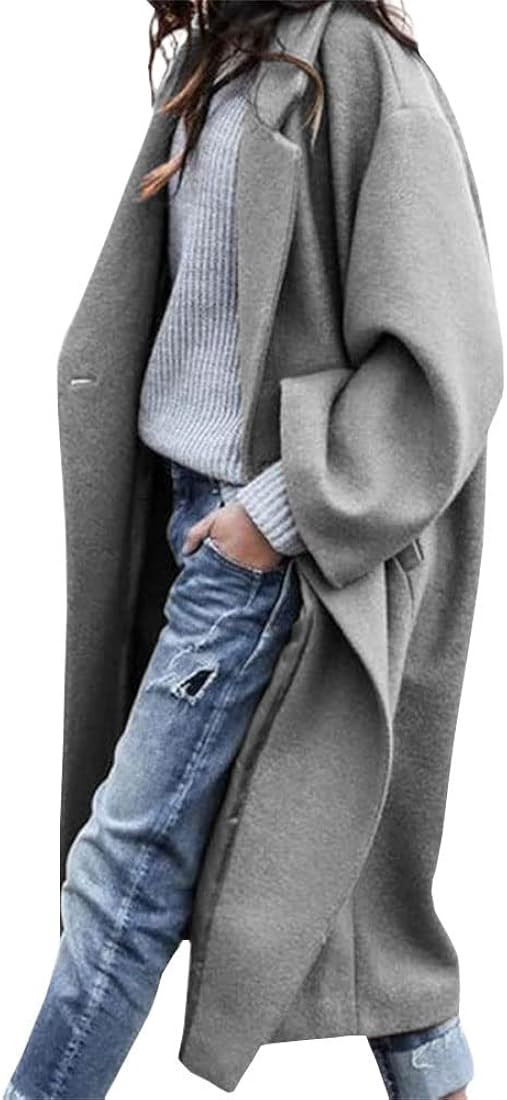 chouyatou Women's Casual Notched Lapel Single Breasted Work Office Wool Trench Pea Coat | Amazon (US)