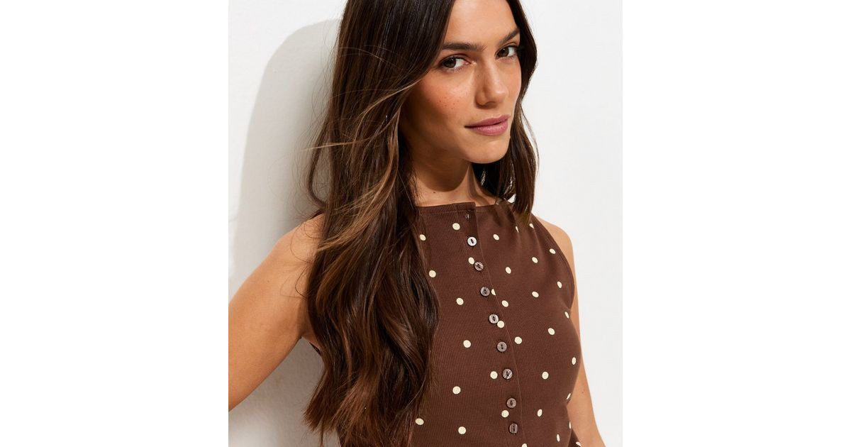 Petite Brown Spot Print Button Through Top | New Look | New Look (UK)
