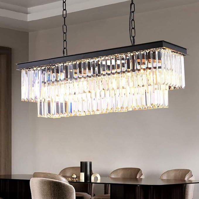 7PM Modern Crystal Chandelier Rectangular Pendant Lighting Black Finish Light Fixture for Dining ... | Amazon (US)
