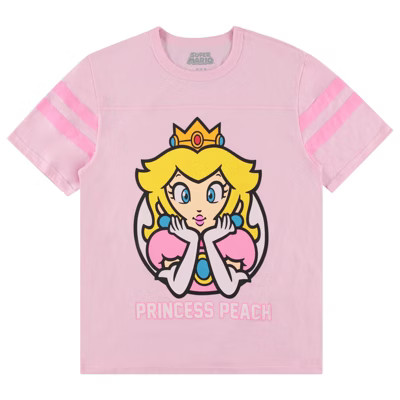 Ladies Nintendo Princess Peach Shirt - Mario, Zelda, Kirby, Princess Peach and Donkey Kong Varsity Stripe Sleeve Athletic Tee (Light Pink, X-Large) | Target
