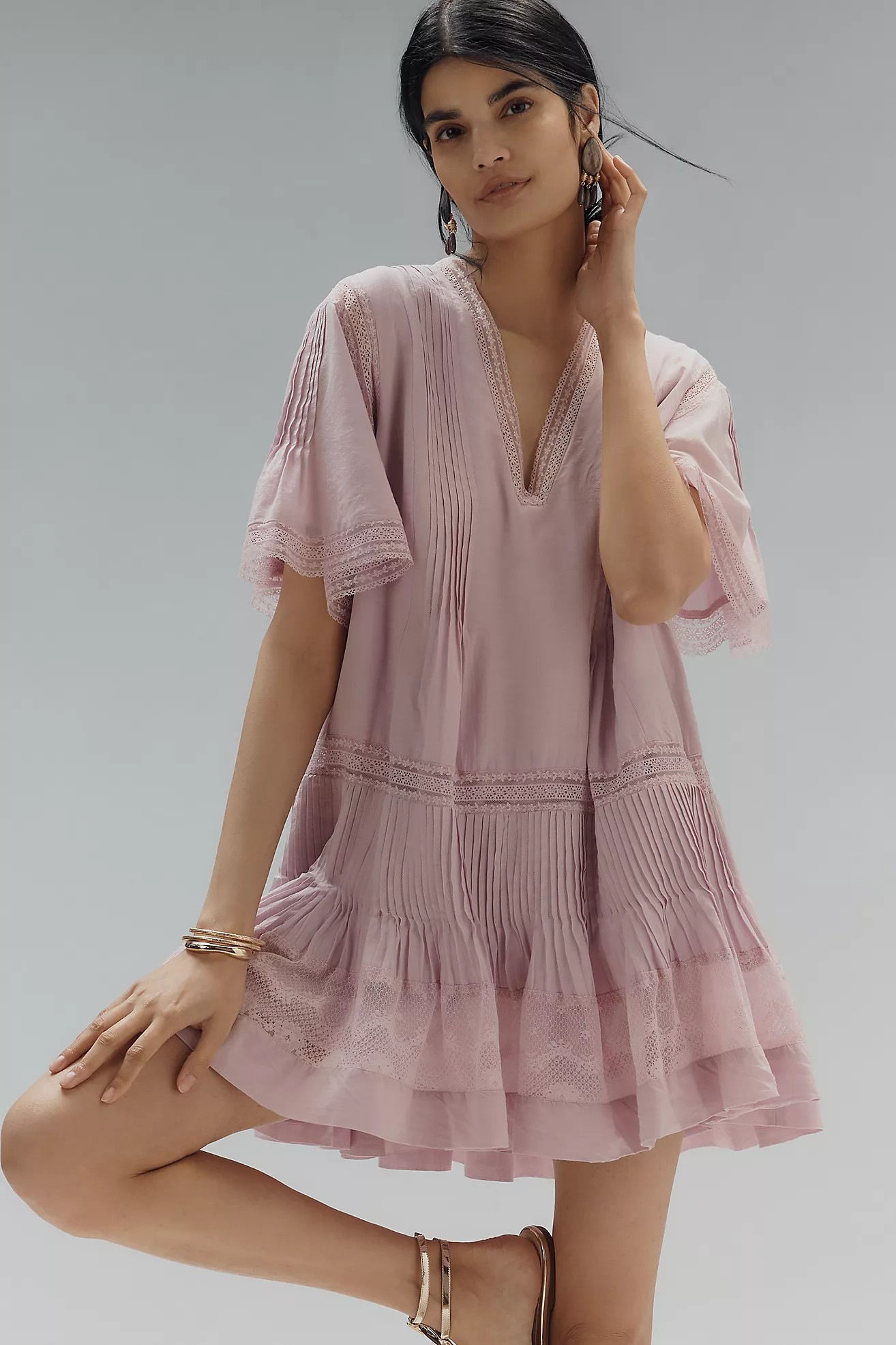 Maeve Short Sleeve V-Neck Pintuck Swing Tunic Dress | Anthropologie (US)