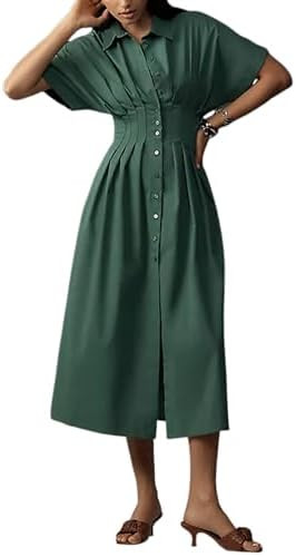 Yeokou Shirt Dress for Women Summer Casual Short Sleeve Button Down Loose Pleated Maxi Sundress w... | Amazon (US)