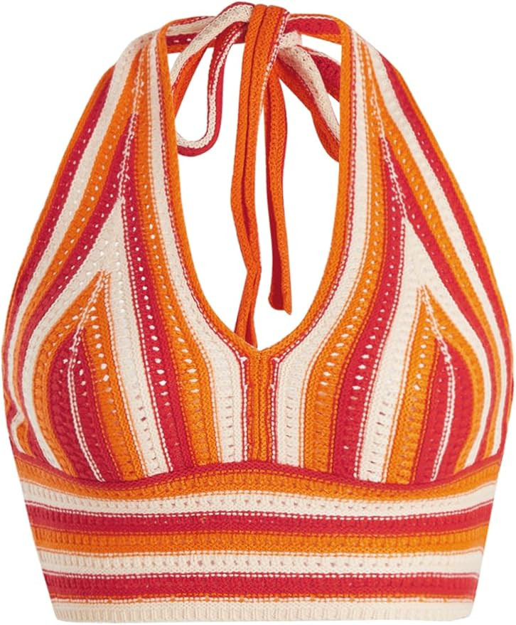 Verdusa Women's Striped Colorblock Tie Backless V Neck Knitted Crop Halter Top | Amazon (US)