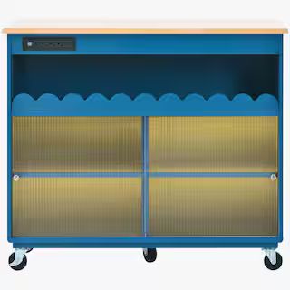 LED Light Navy Blue Kitchen Cart with Drop-Leaf Tabletop, Power Outlets, 2-Sliding Fluted Glass D... | The Home Depot