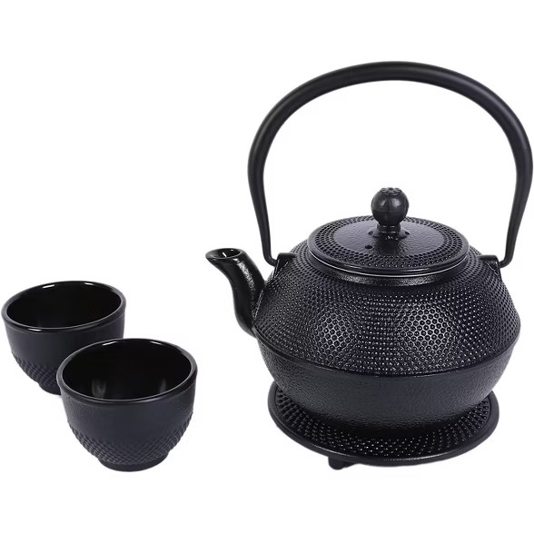 Juvale Black Cast Iron Teapot Tea Kettle Set with 2 Cups, Contemporary Trivet Dutch Hobnail, 1200... | Target