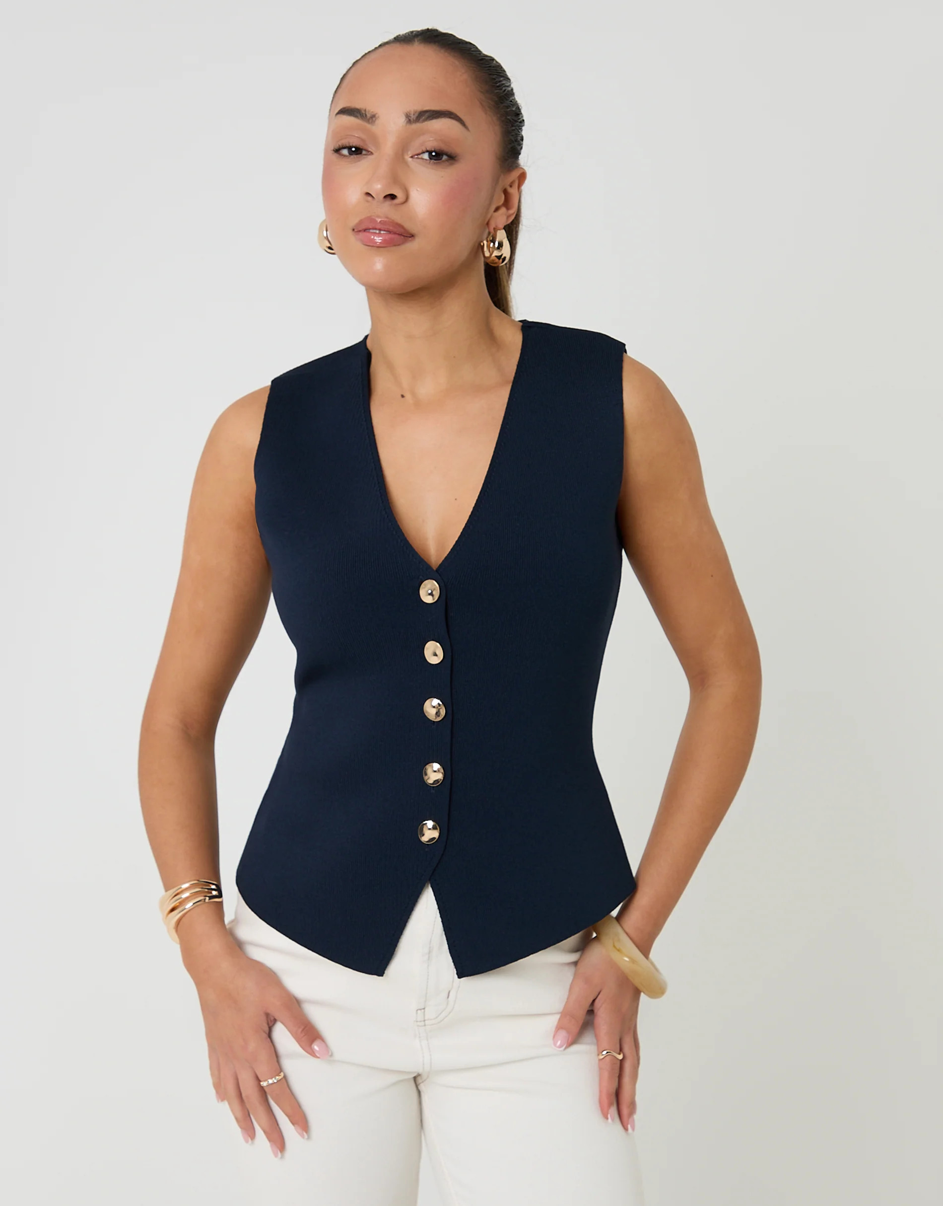 Navy V-Neck Knitted Waistcoat | Threadbare