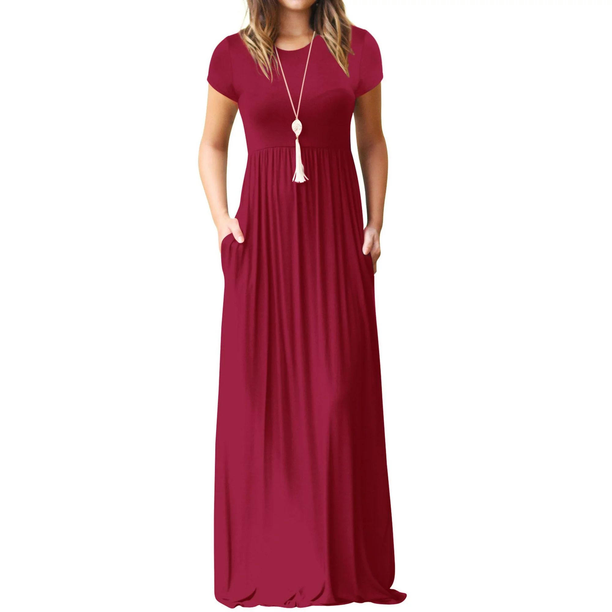Mengpipi Women's Maxi Dresses Short Sleeve Long Casual Dresses Loose Plain with Pockets, Wine-L(U... | Walmart (US)
