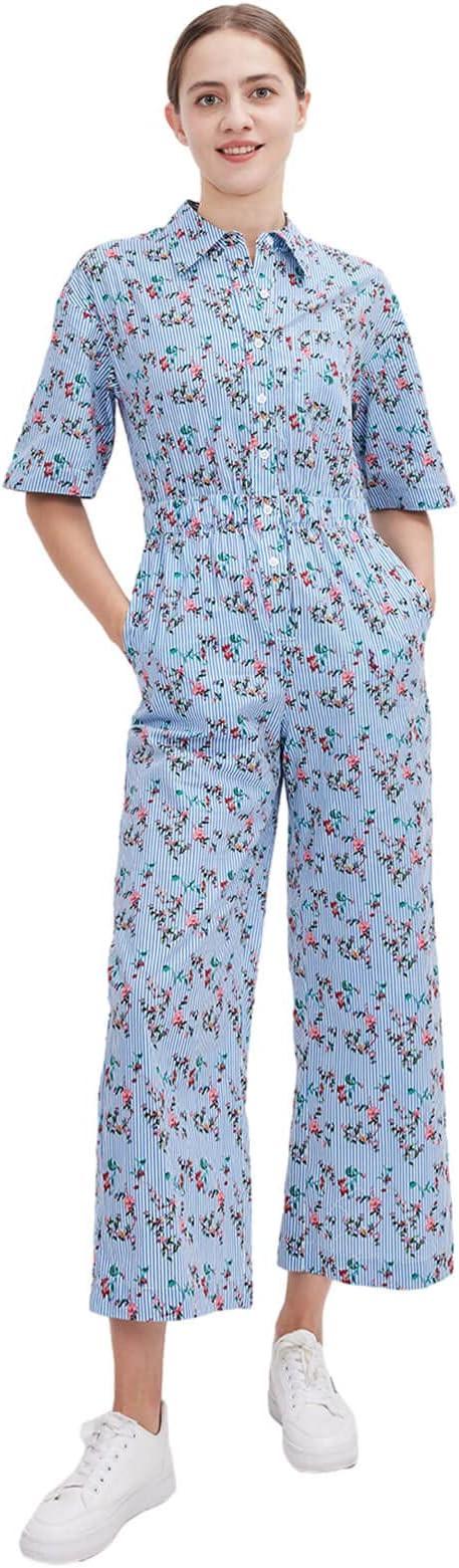 ASSUAL Women's Floral Short Sleeve Button Down Straight Wide Leg Cropped Jumpsuits Rompers with P... | Amazon (US)
